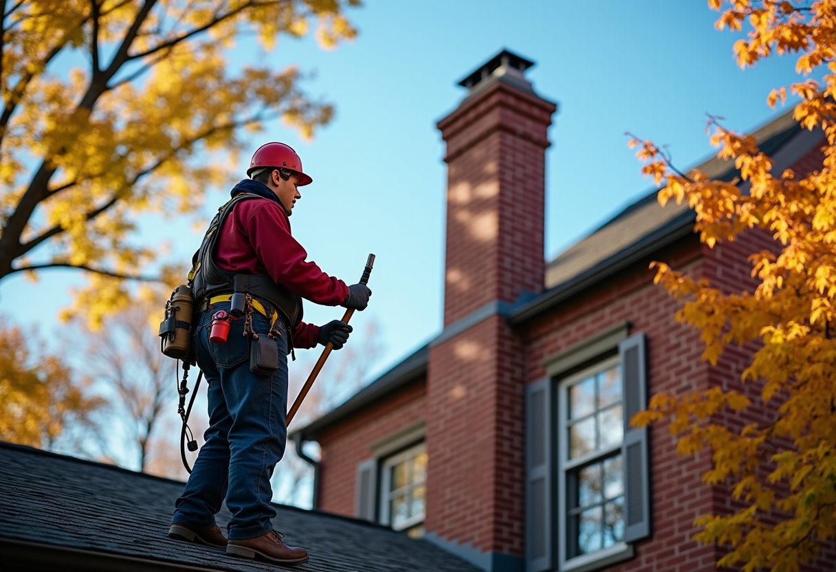 Chimney sweep on the roof of a brick colonial home — Lorton
