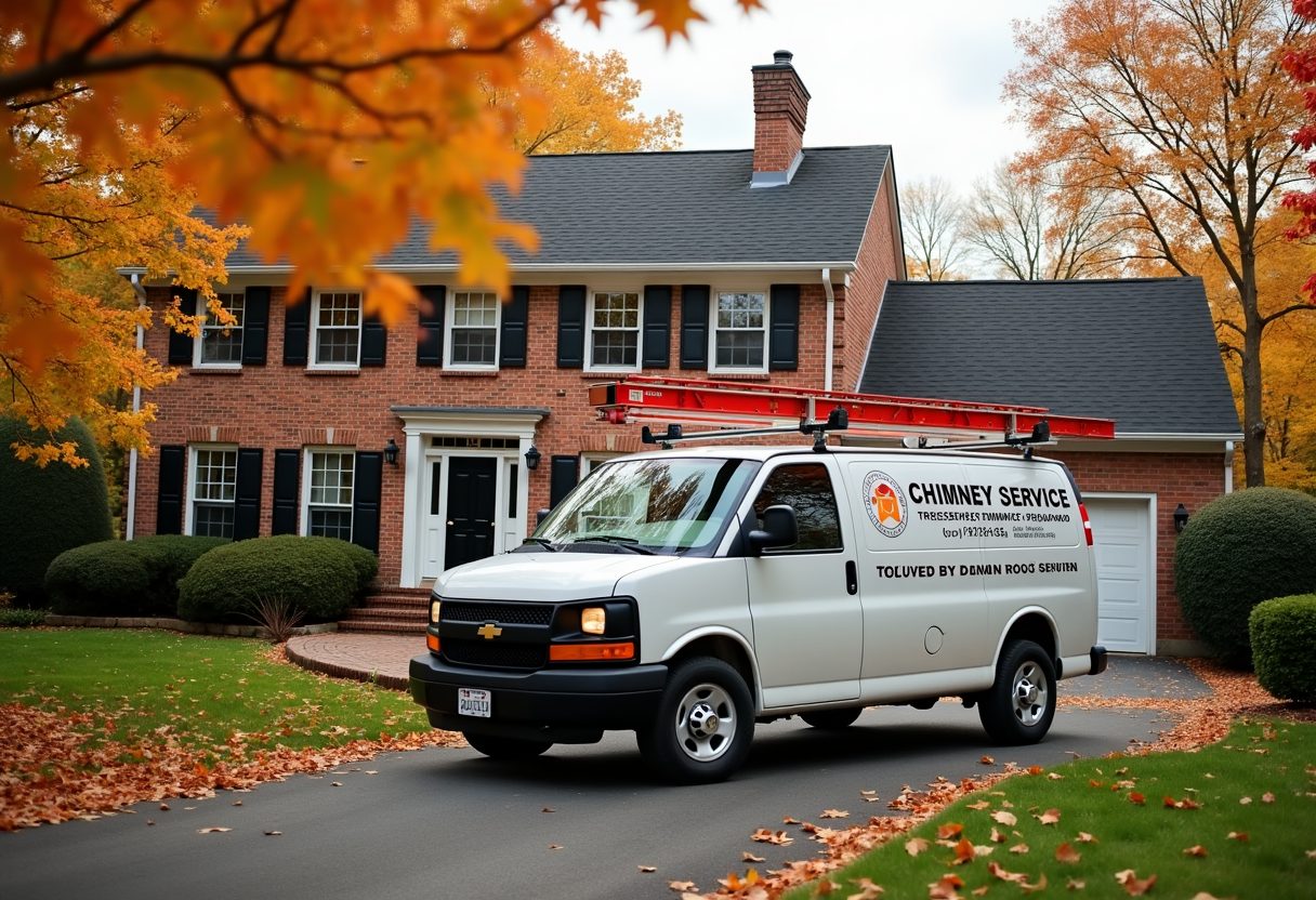 Chimney service van in a colonial home driveway — Lorton
